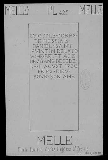 Plate tombe avec épitaphe non armoriée (1730), reproduction de relevé ancien.