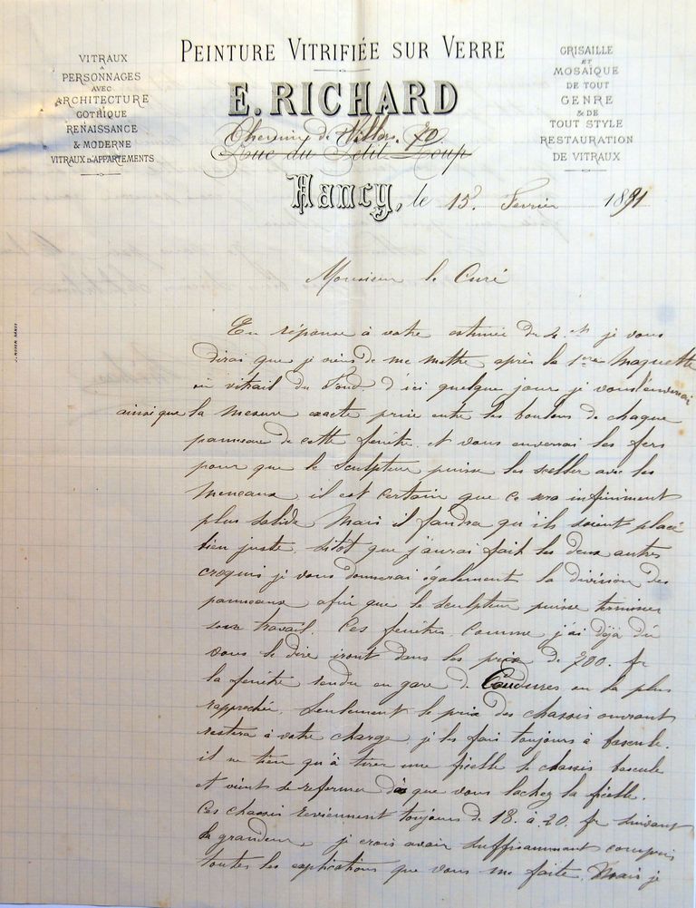 Lettre du verrier nancéien Émile Richard au curé Éloi Foy, annonçant l'envoi des maquettes de ses verrières, 17 février 1891, début (AP Coudures).