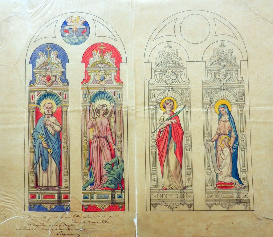 Dessins préparatoires pour les verrières de la chapelle, s.d. [1855], s.n. [Julien-Léopold Lobin, peintre-verrier à Tours].