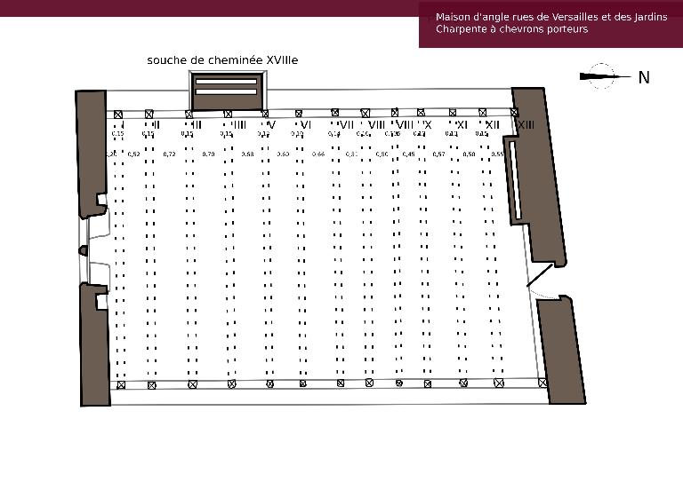 Plan de la charpente du logis primitif, avec indication de la numérotation des assemblages.