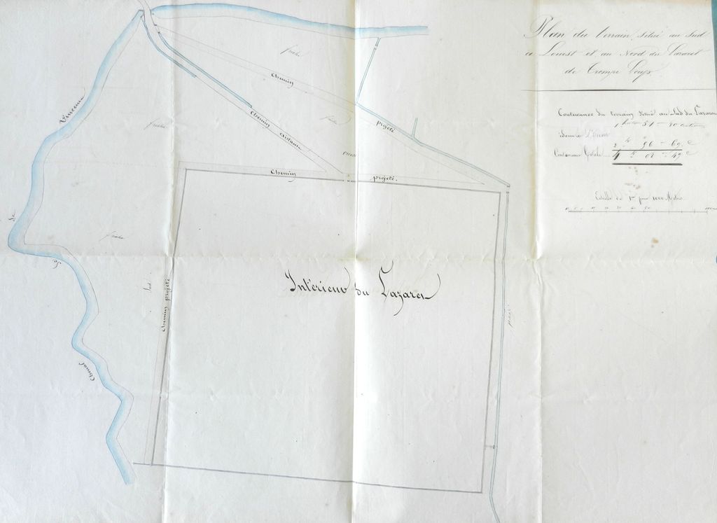 Plan du terrain situé au sud et l'ouest et au nord du lazaret de Trompeloup ; chemin projeté, s.n., s.d.