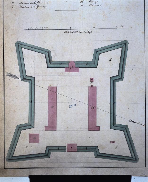 Plan général du fort, élévations et coupes de la citerne et citerneau : détail.
