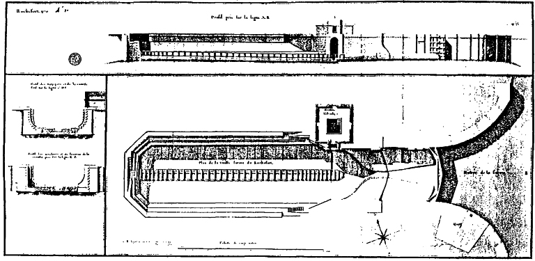 Plan et coupes en 1769. Archives de la Marine (photocopie jointe au dossier d'étude préalable, C.R.M.H.).
