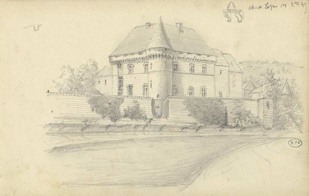 Le château de Losse vu au sud-est, dessin d'Anatole Rouméjoux, 18 octobre 1889 (AD Dordogne, 41 Fi 01, carnet n° 18).