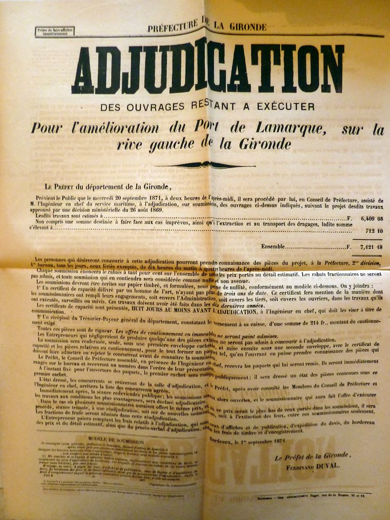 Adjudication des ouvrages restant à exécuter pour l'amélioration du port de Lamarque, 1871.