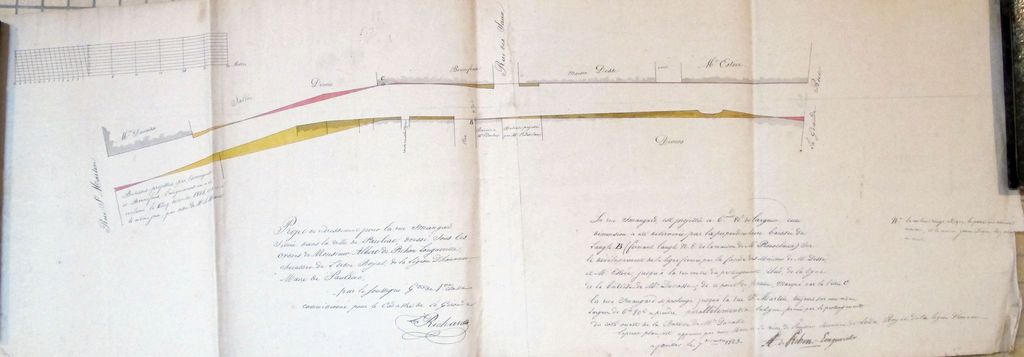 « Projet de redressement pour la rue Esmangard ». Papier, encre, lavis, par Richard (géomètre), s.d.