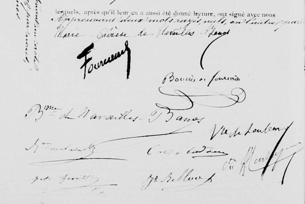 Acte de mariage de Louis de Fourcaud et de Marie-Thérèse de Navailles-Banos à Dumes le 11 mars 1889 (AD Landes, 4 E 92/11) : détail des signatures.