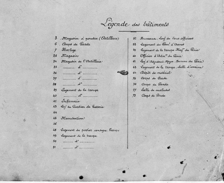 Citadelle de Blaye. Plan d'ensemble, 1907 : détail de la légende.