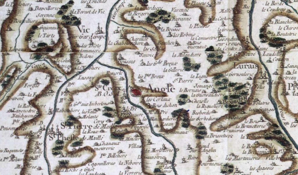 Extrait de la carte de Cassini montrant le bourg d'Angle et ses hameaux (1765-1766).