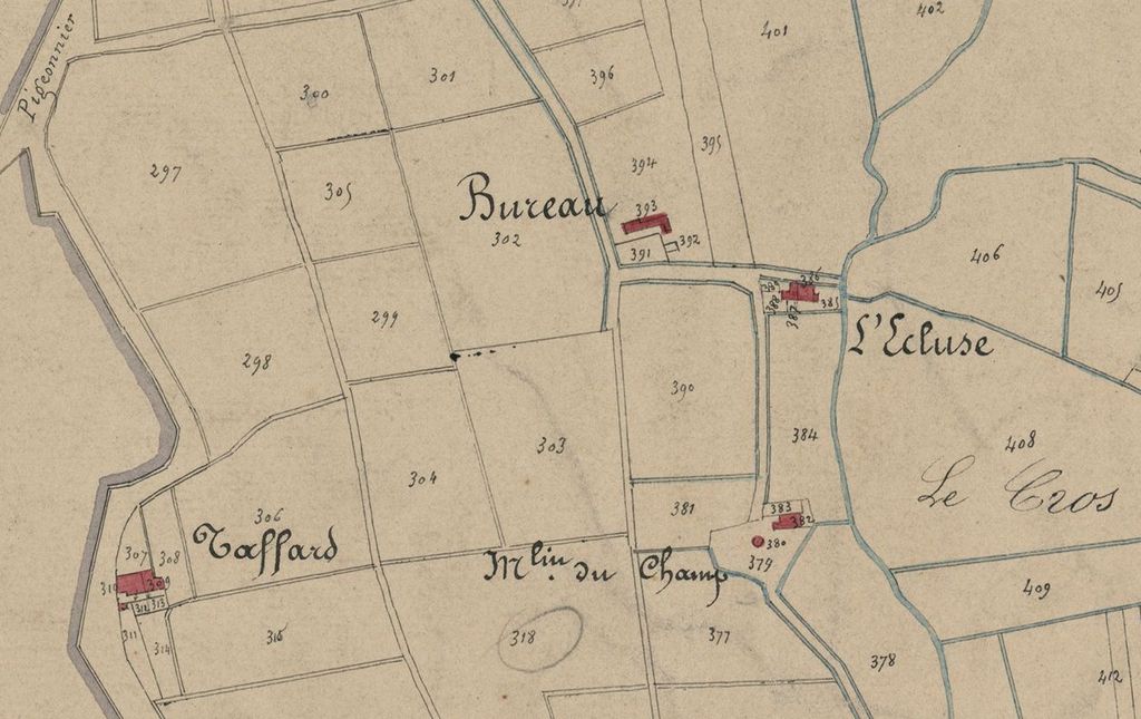 Extrait du plan cadastral de 1833, section B : l'Ecluse et le Moulin du Champ.