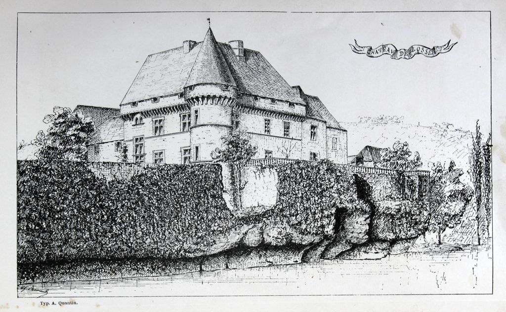Le château de Losse vu au sud-est en 1884 (Lithographie extraite du Bull. de la Société historique et archéologique du Périgord).