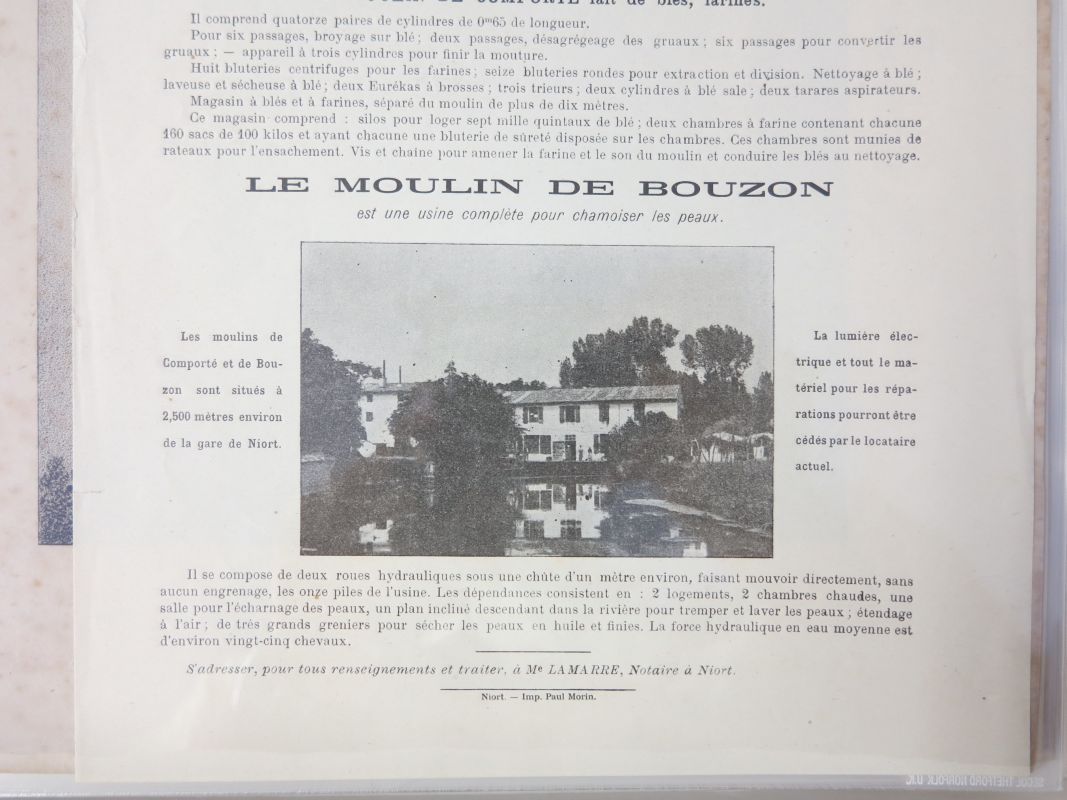 Affiche de location portant description des moulins de Comporté et de Bouzon en 1901 (fonds Clouzot, HC M39).