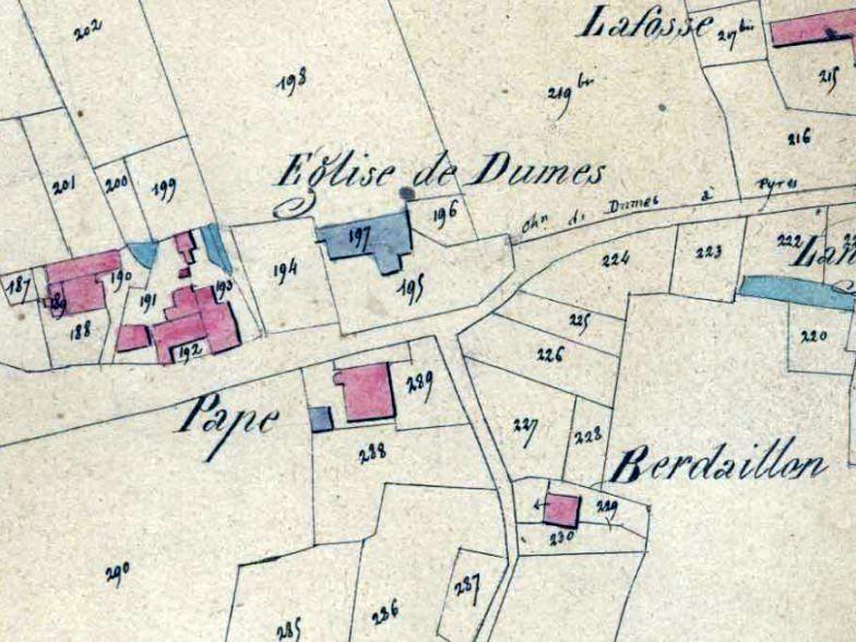 Extrait du plan cadastral de 1845, section A dite de l'Eglise, par Brun aîné, géomètre (AD Landes, E dépôt 92/1 G 1) : plan de l'ancienne église.
