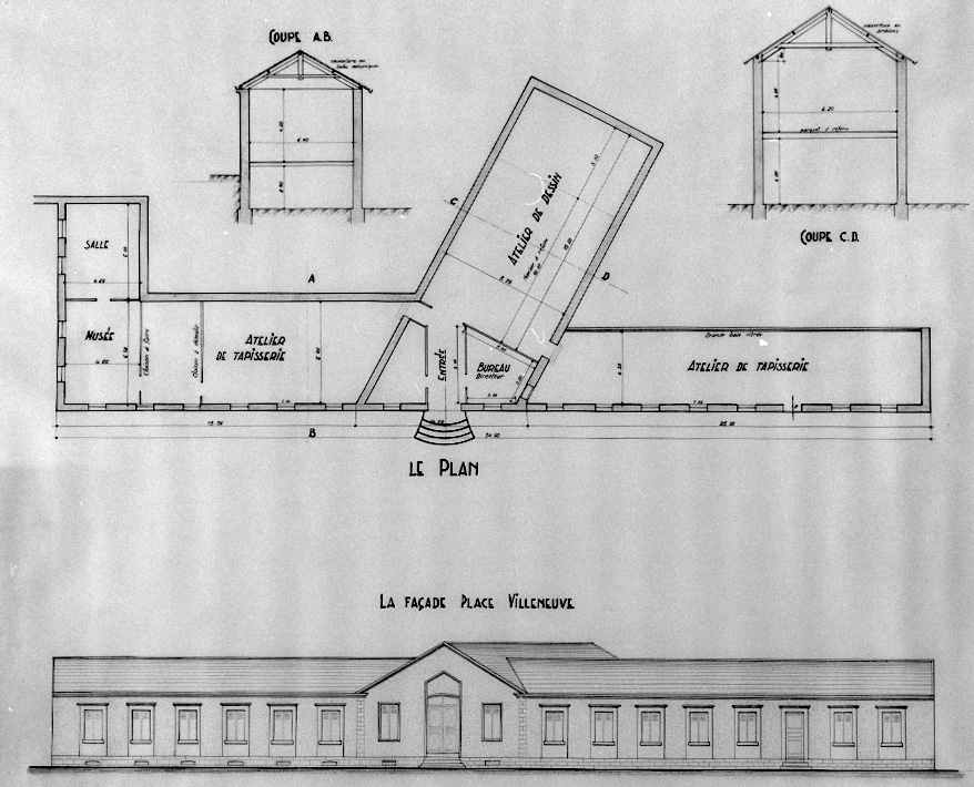 Plan et élévation de l'Ecole Nationale d'Arts décoratifs construite en 1884 (Archives communales d'Aubusson).