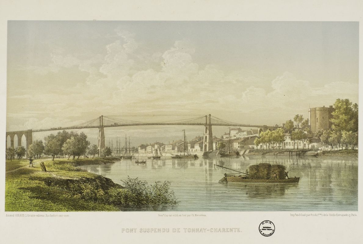 Au premier plan de cette représentation du pont de Tonnay-Charente figure une gabare construite à clin, comme celles fabriquées par les charpentiers de marine de Port-d'Envaux. 