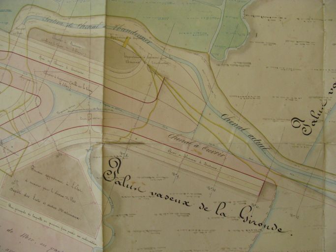 Plan de 1843, détail : l'ancien chenal en jaune, le nouveau en rouge.