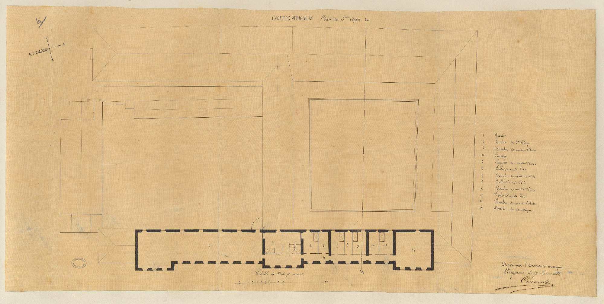 Lycée impérial. Plan du 3ème étage. 0.005 pm. Signé de l'architecte Elie Poncet Cruvelier, 17 mars 1862. (AN)