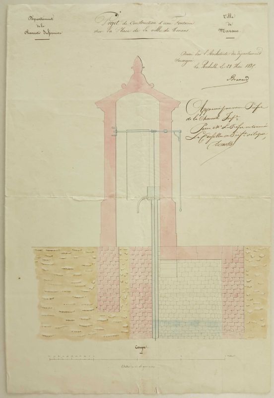 Projet de construction d'une fontaine sur la place du Château, par Antoine Brossard, 29 mai 1835 : coupe.