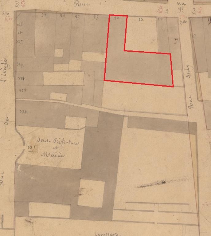 Plan de Dax, 1841 (détail). En rouge : l'hôtel Planter.