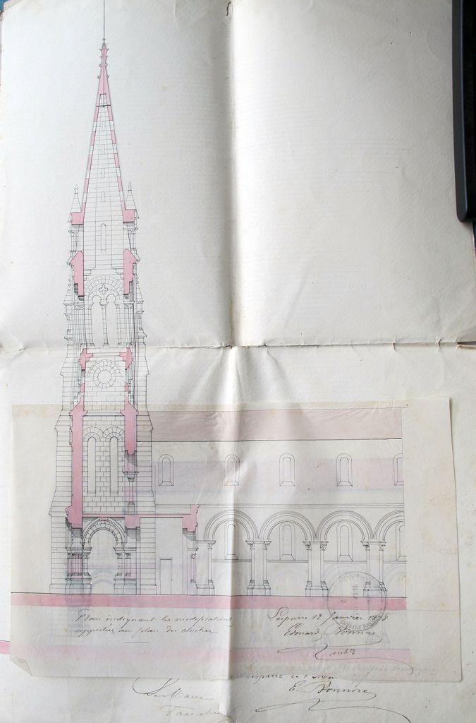 Projet de construction d'un clocher pour l'église de St Vivien. Détail, coupe : plan indiquant les modifications apportées au plan du clocher, le 12 janvier 1878.