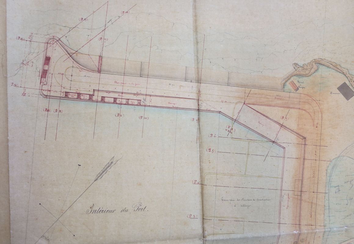 Projet d'aménagement du port en 1857 par l'ingénieur Botton : élargissement de l'extrémité de la Vieille jetée et, à droite, création du quai L'Herminier.