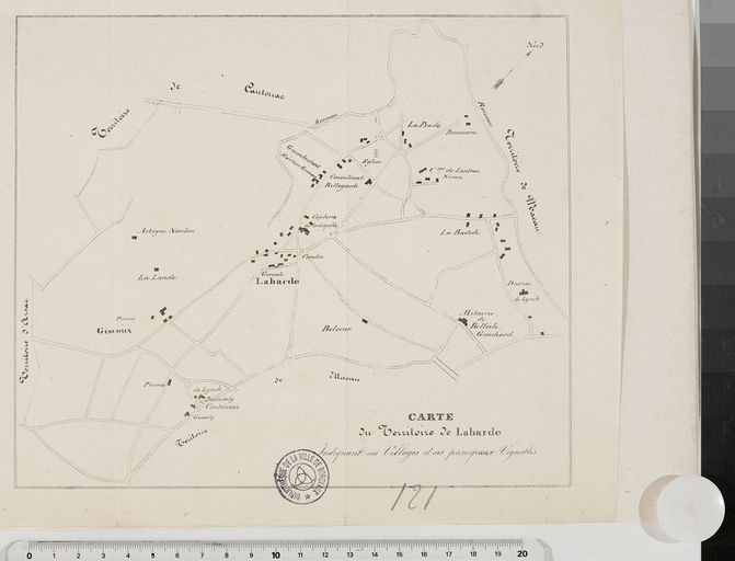 Carte du territoire de Labarde indiquant ses villages et ses principaux vignobles, s.d. (cote C10278).
