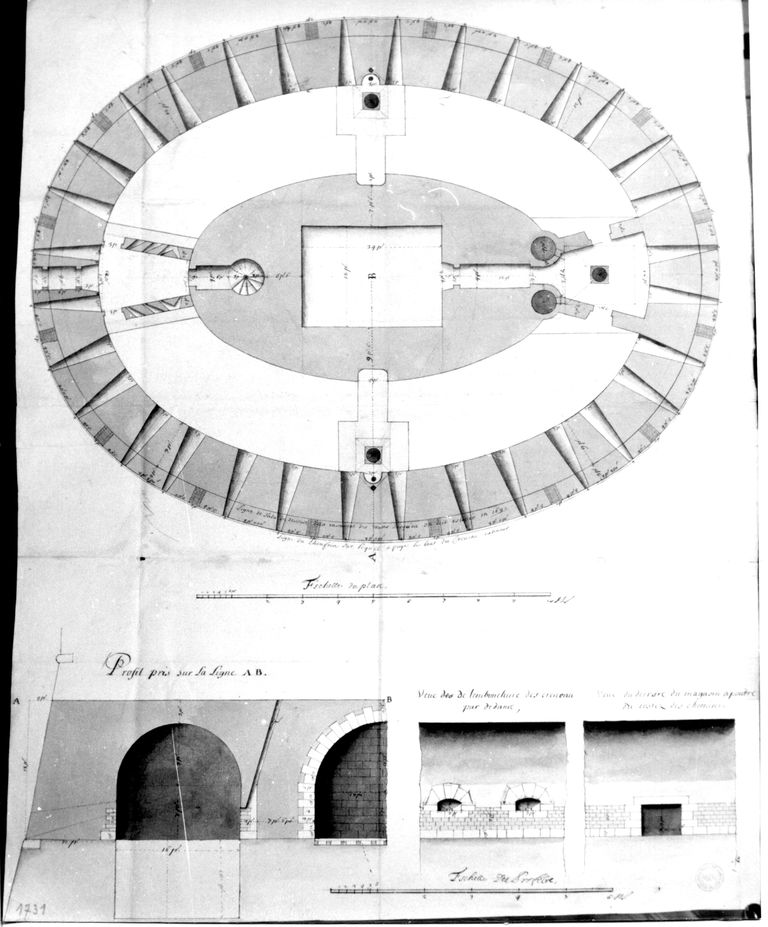 Plan, profil et vues du fort. Dessin, encre et lavis, 1731.