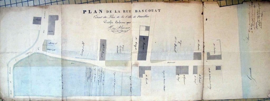 « Plan de la rue Bascouat, extrait du plan de la ville de Pauillac ». Papier, encre, lavis, par Henry Bagouet (géomètre), 28 février 1837?