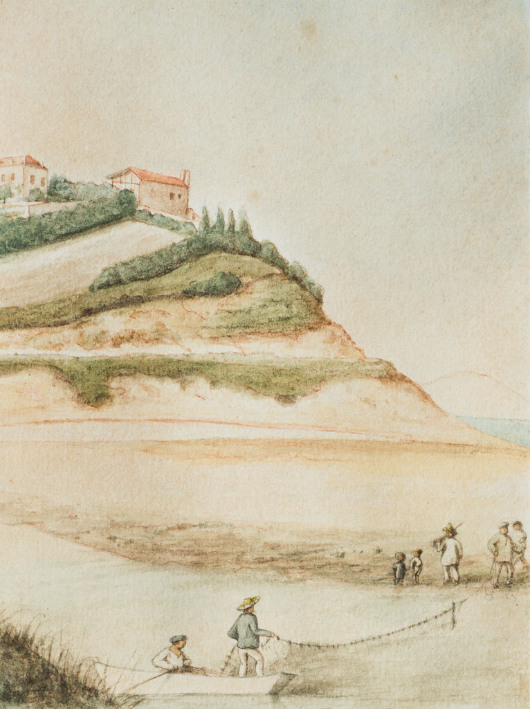 La falaise de Parlementia et pêche au filet, détails, aquarelle, fin 19e siècle, Edouard Morville.