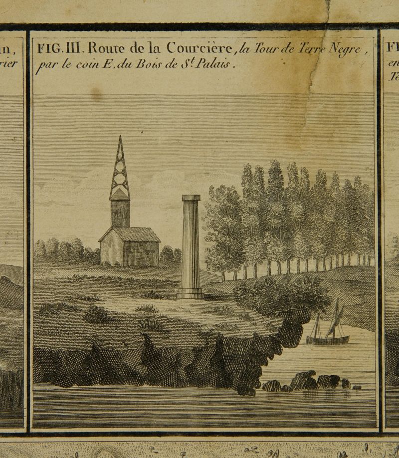 La tour de Terre-Nègre dans l'alignement du clocher et du bois de Saint-Palais, en 1776.