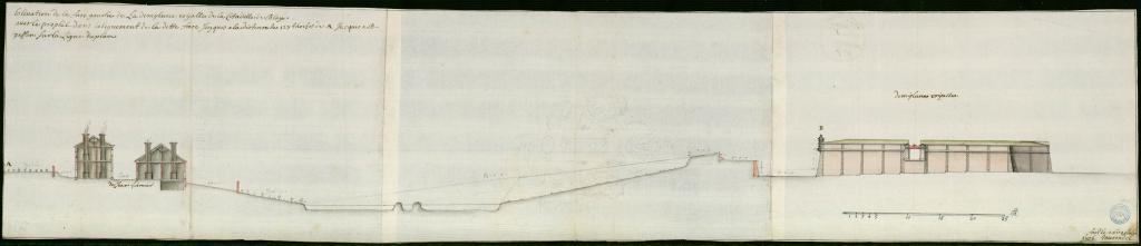 Elevation de la face gauche de la demi-lune royale [...]. Dessin, encre et lavis, par Fénis du Tourondel, octobre 1706.