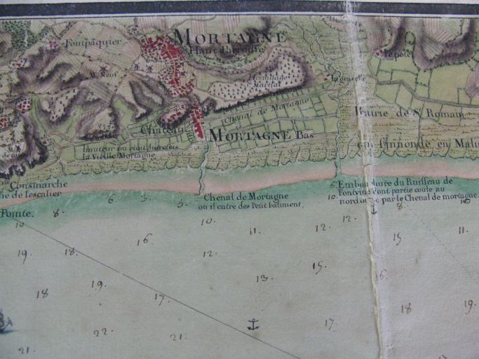 Mortagne et ses environs sur la Carte de l'embouchure de la Garonne, par Desmarais en 1759.