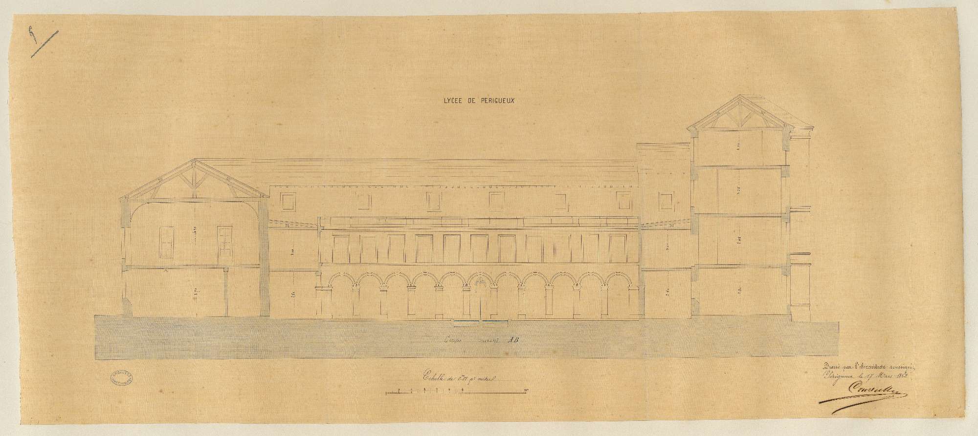 Lycée impérial. Coupe suivant AB. 0.01 pm. Signé de l'architecte Elie Poncet Cruvelier, 17 mars 1862. (AN)