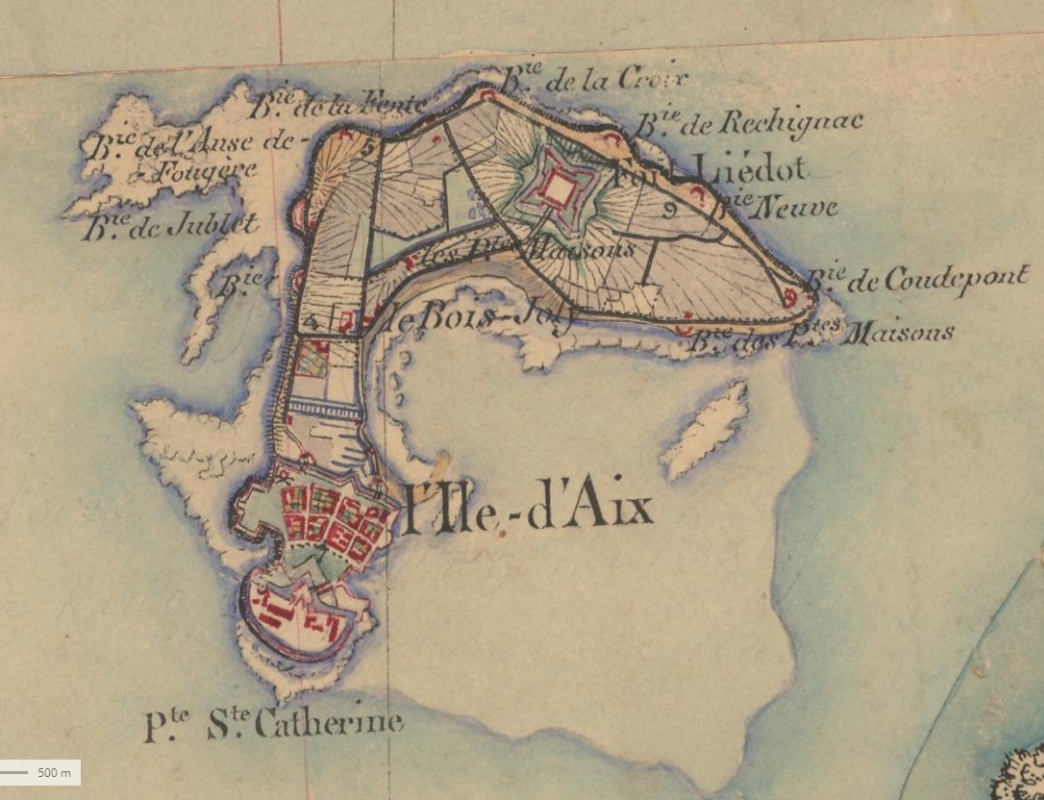 L'ensemble des défenses de l'île d'Aix sur la carte d'etat-major de 1866. 