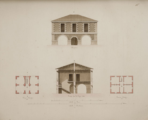 Plan, élévation et coupe du pavillon des quarantenaires, folio 35.