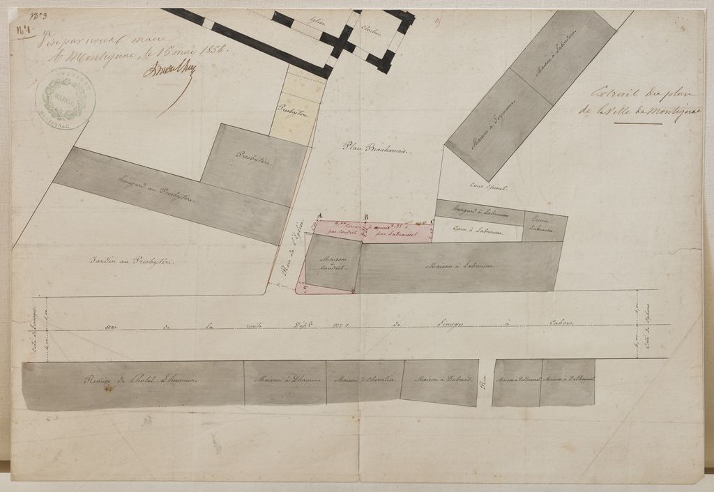 Plan de la Place Beauharnais à Montignac, visé par le maire, 15 mai 1858.