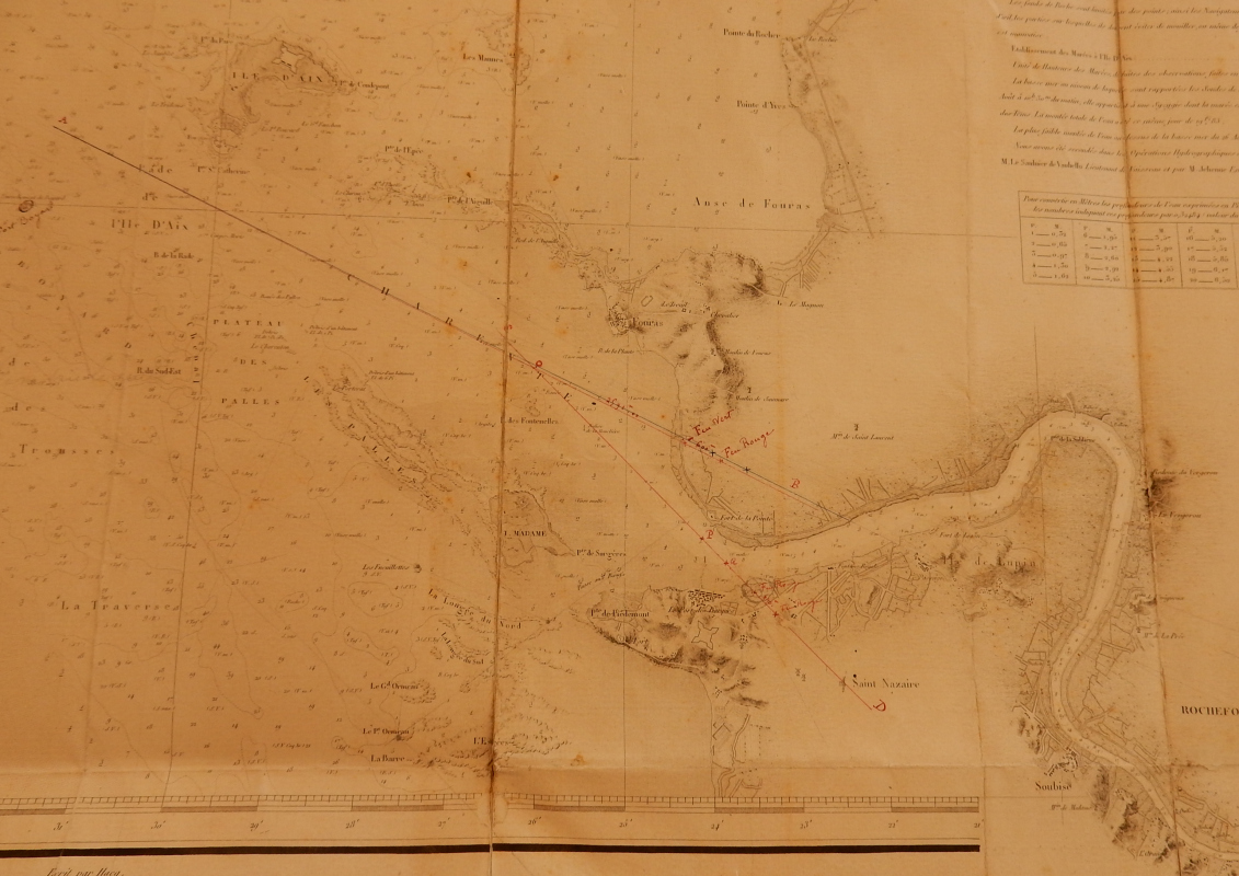 Carte de la rade de l'île d'Aix avec l'alignement des feux, 1864. 