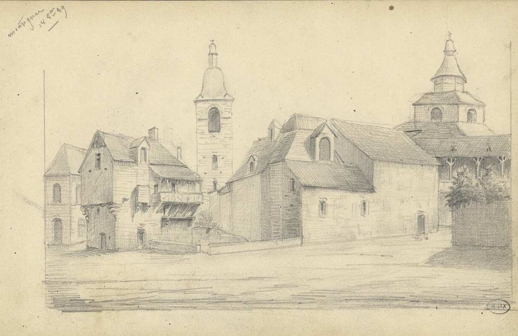 Dessin du bourg de Montignac par A. Rouméjoux, 18 octobre 1889.