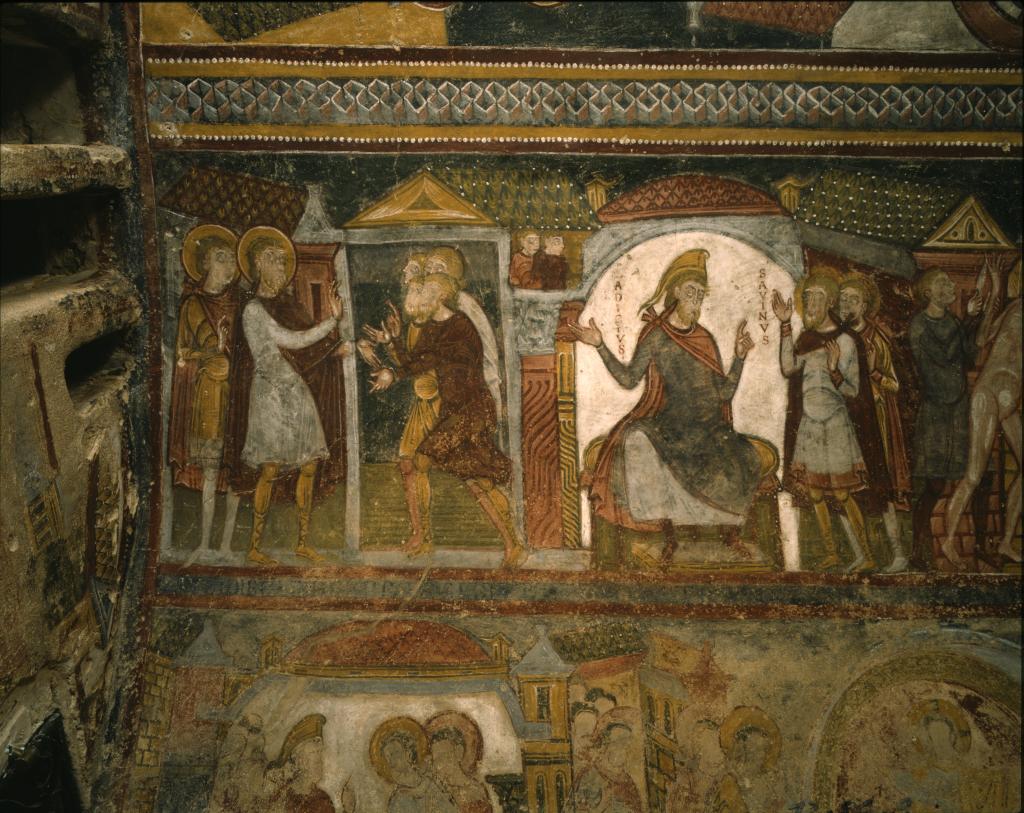 Crypte, registre supérieur nord, première et deuxième scènes : Savin et Cyprien exhortent les habitants d'Amphipolis; Savin et Cyprien comparaissent devant Ladicius.