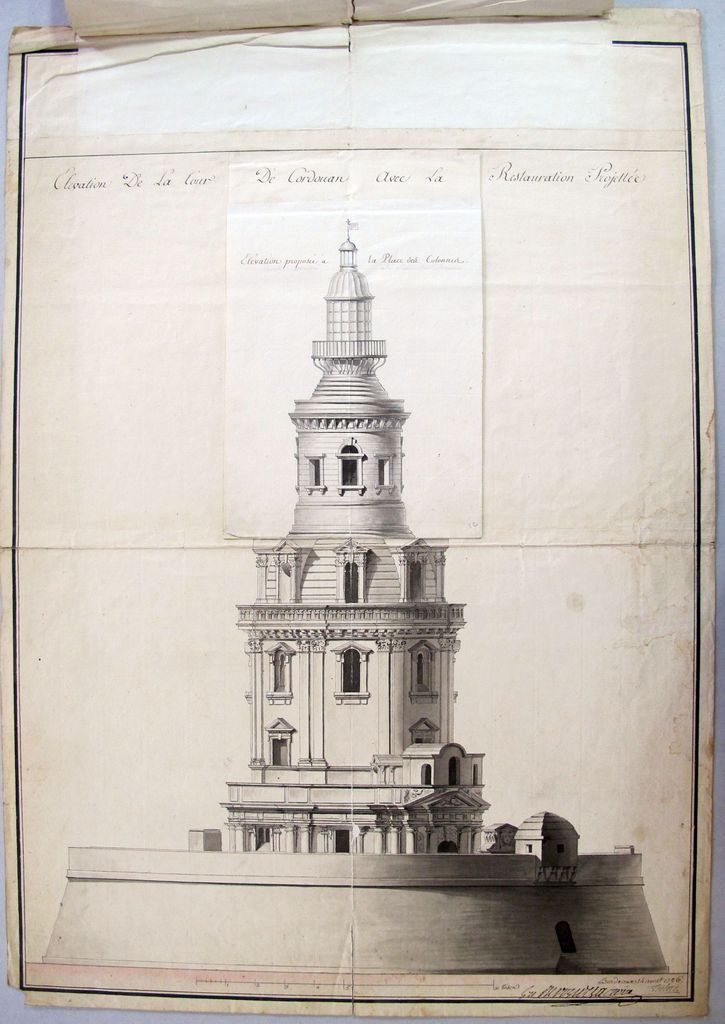 Nouvelle surélévation proposée pour le fanal de la Tour de Cordouan, par Teulère, 14 août 1786 : retombe avec l'élévation proposée à la place des colonnes.