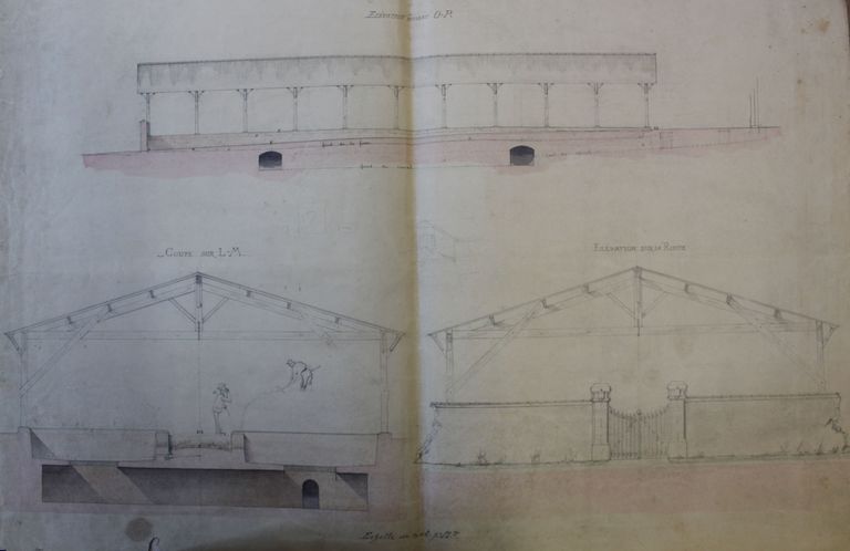Projet de bâtiment abritant des fosses à purin : coupes et élévations, dessin, s.d. [vers 1870].
