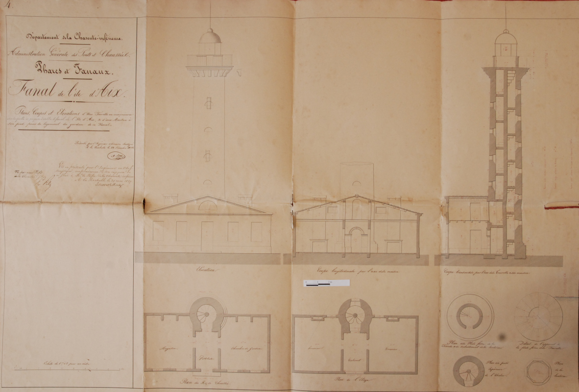 Plans, coupes et élévations du phare sur un projet de 1832. 