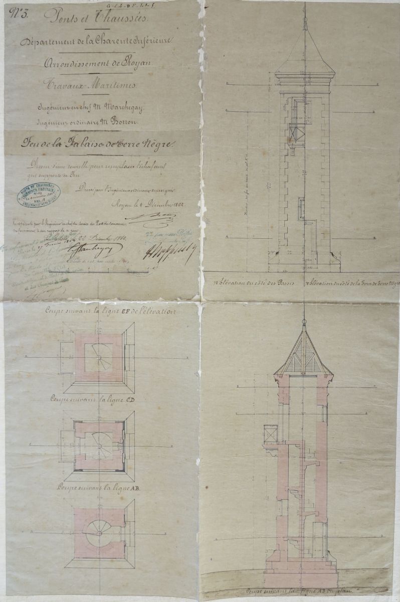 Plans de construction du feu de la Falaise, par l'ingénieur Botton, 4 décembre 1862.