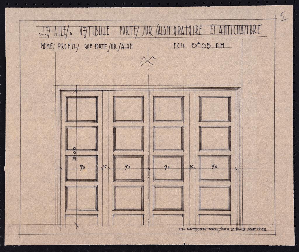 Elévation de la porte située entre le vestibule et le salon-oratoire et entre le vestibule et l'antichambre de l'appartement du rez-de-chaussée, P. H. Datessen, La Baule, août 1936.