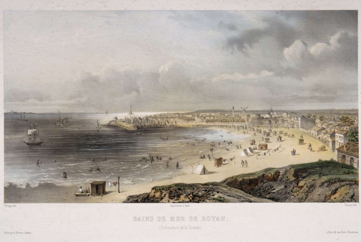Le front de mer de Royan, avec la plage de la Grande conche et le port, vers 1850, lithographie par Tirpenne.