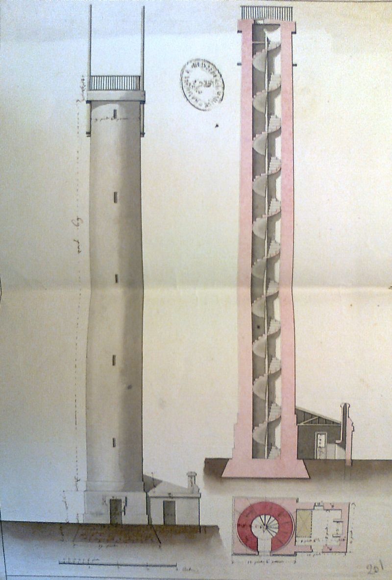 Plan, coupe et élévation du projet de tour, vers 1770.