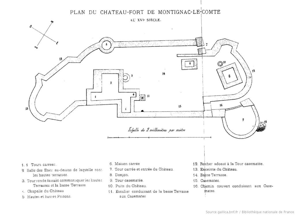 Essai de reconstitution du plan du château-fort de Montignac au 16e siècle par Philippe Laroche, 1882.