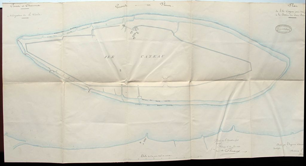 Plan de l'Île Cazeau pour être joint à la pétition du sieur Bonnefon, dressé par l'ingénieur ordinaire le 18 juin 1843.