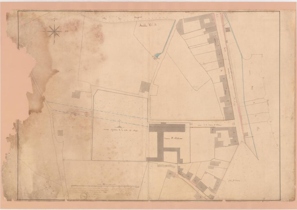 Plan de Dax (feuille 6) où figurent la caserne et le cimetière. 1841, Boubé architecte-voyer.