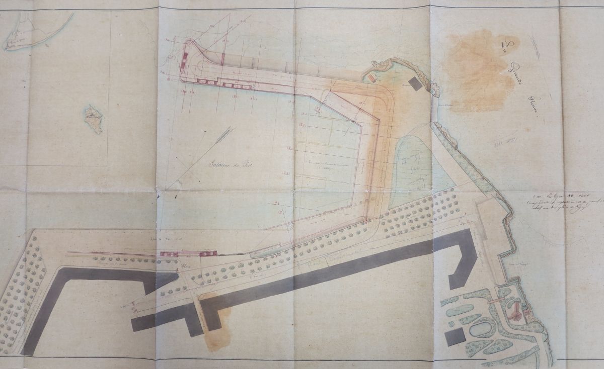 Plan du port avec en rouge les améliorations proposées par l'ingénieur Botton, 12 janvier 1857.